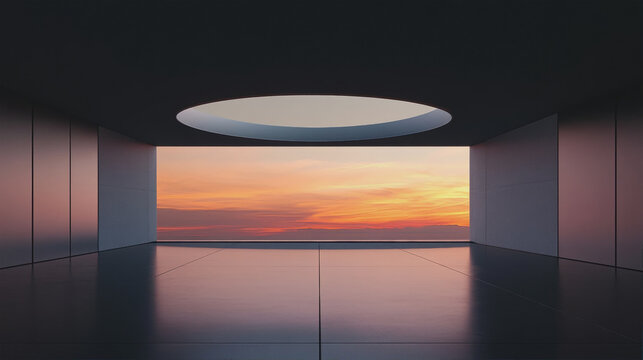 Modern minimalist interior room with circular skylight and panoramic view of sunset sky
