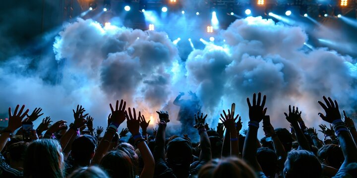 Excited crowd raises hands towards a stage filled with blue lights and thick smoke at a live music event.
