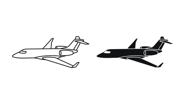 Private Jet Silhouette and Line Art: A sleek private jet is depicted in two styles: a crisp line art outline and a solid black silhouette, showcasing its modern design and aerodynamic form.
