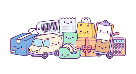 Fototapeta premium Group of cute delivery and logistics characters.