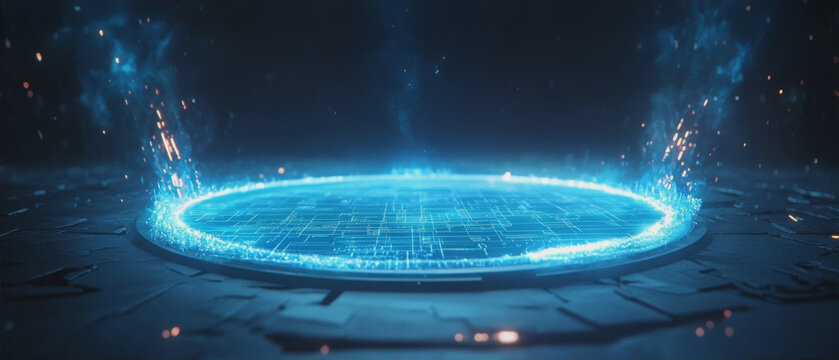 Futuristic glowing blue sci-fi podium background with hologram circuit pattern