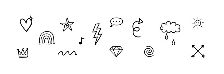 Fototapeta premium Icons Featuring Heart, Crown, Rainbow, Music Note, Lightning, Speech Bubble, Recycling, Cloud, Sun, Diamond, Spiral, and Arrows