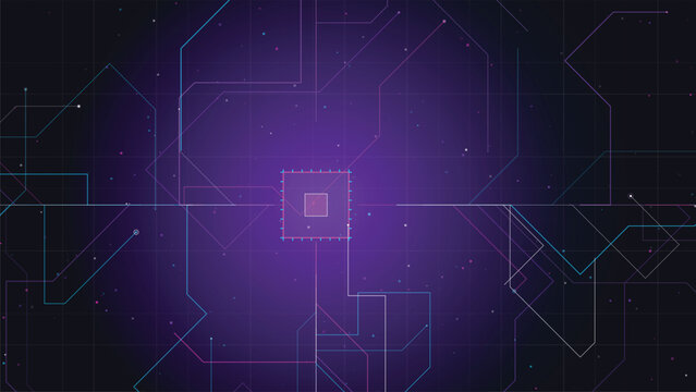 Illustration of Futuristic digital grid with glowing purple lines and nodes on dark background.