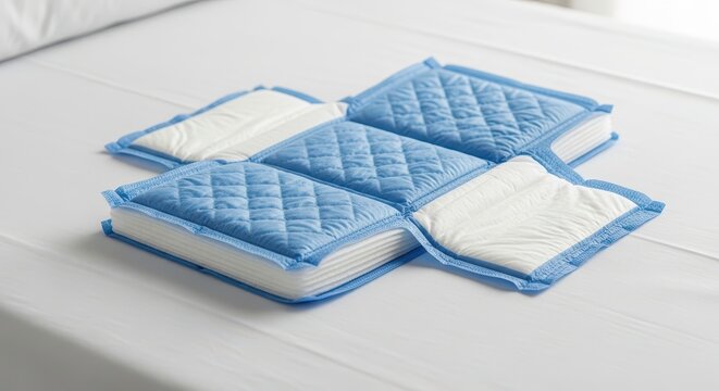 Disposable absorbent bed pads for incontinence, featuring blue quilted top layer and white absorbent core, laid on a white sheet.