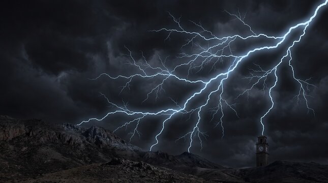 Dramatic pale blue lightning bolt branching across a dark stormy sky above silhouetted mountains and a clock tower