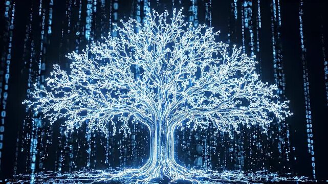 Symbolic digital tree of life glowing with blue binary code against a dark background representing technology and knowledge