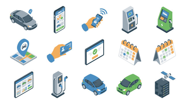 Set of isometric icons representing modern car services, electric charging, and navigation.