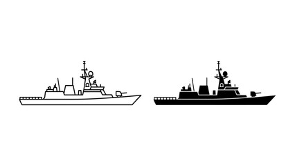 Warship Silhouette: A minimalist illustration showcasing two warship silhouettes, one in black and the other in white, representing naval power and maritime security. © Mdgd