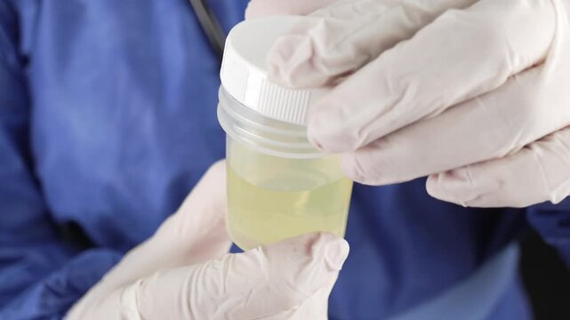 Medical professional wearing gloves closes a plastic urine sample container against a blue scrub background, showing clinical testing and diagnostics.