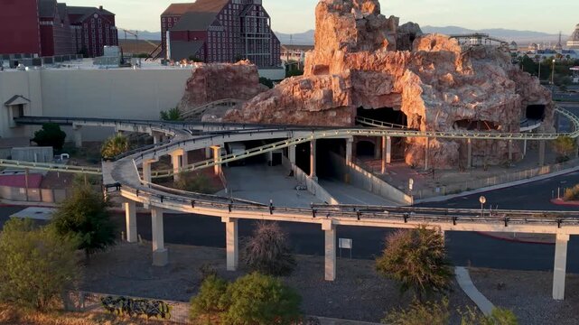 Aerial approach from the side of the once famous Desperado Roller Coaster at Buffalo Bills Resort. Moving in close we see the lack of maintenance and Decay of the desert sun.