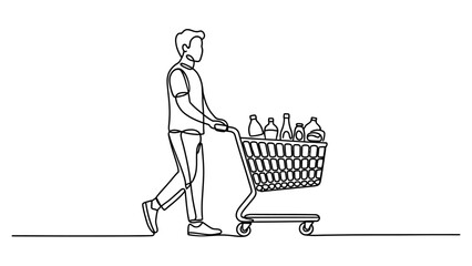 Continuous single line drawing of a man pushing a shopping cart with groceries Vector, illustration © Dipa Roy