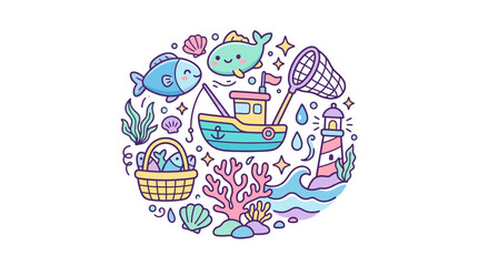 Naklejka premium Kawaii sustainable fishing and marine life illustration.