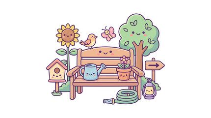 Naklejka premium Peaceful garden scene with bench and sunflowers.