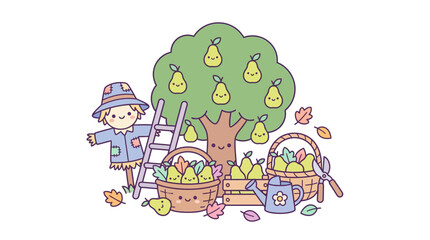 Fototapeta premium Cute pear orchard harvest scene.