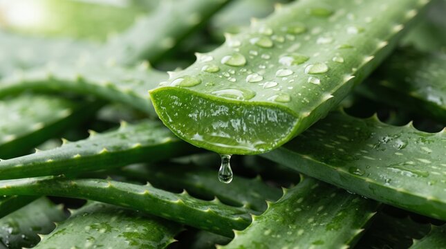 Fresh aloe vera leaves are depicted with clear water droplets and a dripping gel. Ideal for showcasing natural skincare, wellness, and sustainable beauty product promotions.