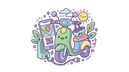 Fototapeta premium Cute electric moped with navigation mobile app.