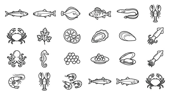 Outline seafood ocean animals set vector line art design marine creatures icons collection.