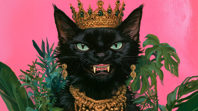 Majestic black cat wearing princess crown and gold jewelry, mouth open showing one fang with braces, vivid pink background surrounded by lush green leaves