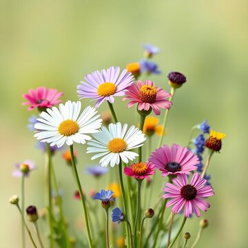 Beautiful wildflowers growing in isolation on a watercolor background, featuring chamomiles, cornflowers, bellflowers, and rapeseed, watercolor, wildflowers