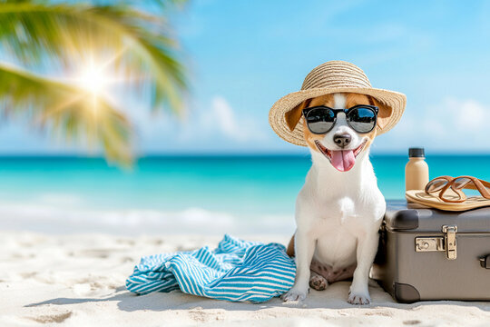 Jack Russell terrier in sunglasses and straw hat on sea beach background. Summer vacation, tropic holiday and travel concept. Funny animal for banner with copy space 