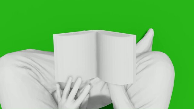 3D Character Reading Blank Book Top View Green Screen