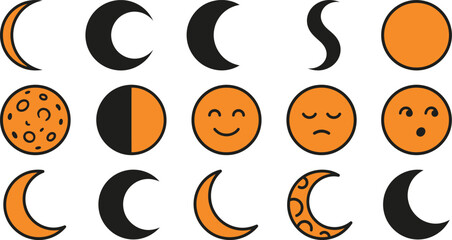 Set of hand drawn moon phases and celestial faces with orange and black colors on a white background © MdAtaur