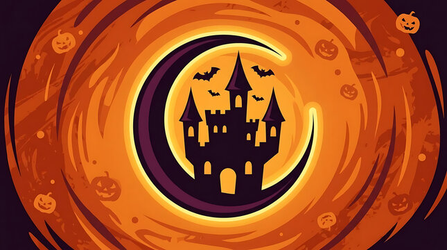 Spooky castle silhouette inside crescent moon with Halloween elements