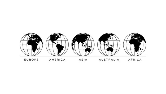 Five Globe Icons Representing Different Continents Each with Labels Featuring Icon, Europe, America with Asia and Australia