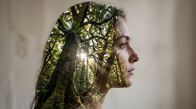 Double exposure portrait of woman and lush green forest, conceptual mental health and nature connection, profile of female face with trees