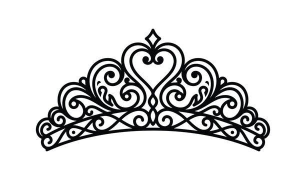 Black silhouette of a royal tiara or diadem with heart shape and intricate filigree patterns, elegant princess crown icon vector
