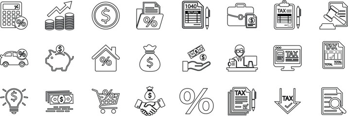 Fototapeta premium Tax Finance Accounting Icons Set Collection Group Flat and Outline Vector Symbols for Tax Return Calculator Accounting Invoice Business Banking Payment Financial Documents Isolated