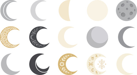 Set of various hand drawn moon phases and celestial shapes in different artistic styles isolated on white background © MdAtaur