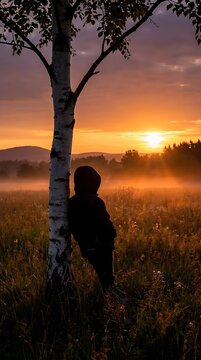 Person leaning on birch tree at foggy sunset field.