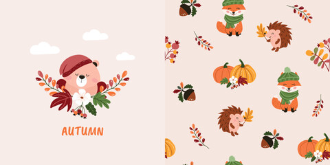 Children's autumn seamless pattern with a funny bear, hedgehog, fox, and autumn elements. Vector design for children's bedding, fabrics, wallpapers, wrapping paper, and more. © Alyona 
