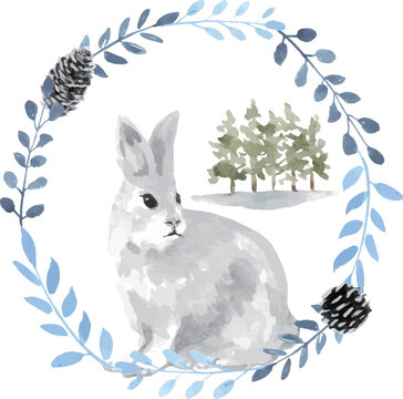 Winter Rabbit in Wreath with Snowy Trees