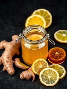 Fresh ginger lemon slices and honey artfully arranged around a glass jar on a dark textured surface, highlighting textures and colors, ||dark, jar