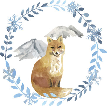 Watercolor Fox with Mountains and Wreath