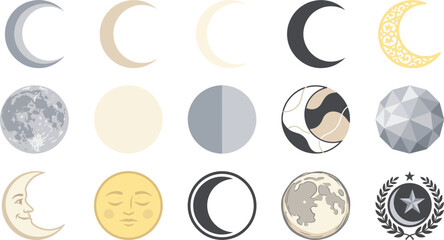 Set of various moon phases and celestial icons featuring different artistic styles and textures for astronomy and space themed design projects © MdAtaur