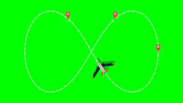 Airplane Graphic Flying Infinity Flight Route with Location Pins on Green Screen Background