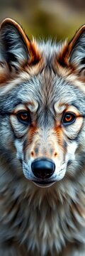 Furry grey wolf with big brown eyes and fluffy ears, adorable pup, wildlife photography