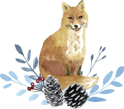 Cute Watercolor Fox with Pine Cones and Berries