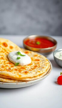 Golden brown aloo paratha with dollop of yogurt on isolated background in shallow depth of field, potato, lunch