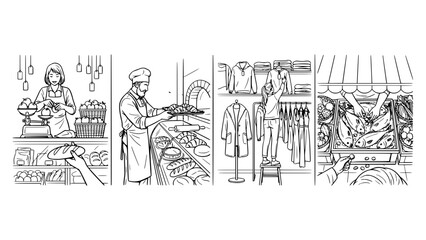 Fototapeta premium Market Scene with People Shopping and Selling Various Goods and Clothing Featuring Illustration, Line Drawing, Black and White