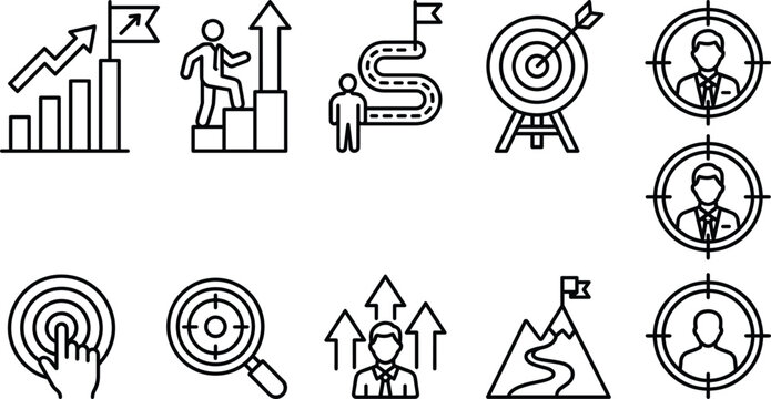 Business strategy targeting and career growth line art vector set with chart roadmap mountain peak target employee icons
