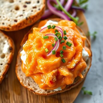 Golden-hued salmon spread nestled between cream cheese and sweet onion, appetizers, spreads