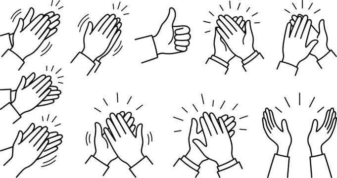 Appreciation and applause hand gesture line art vector set with clapping hands thumbs up and congratulation signs