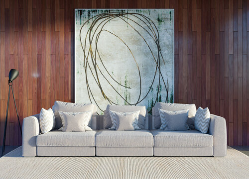 3D render, illustration Large Luxury modern living room interior,  brutalist architecture realistic lighting,  Graphic Overlay wide angle, contemporary furniture, clean lines, minimalist decor, elegan