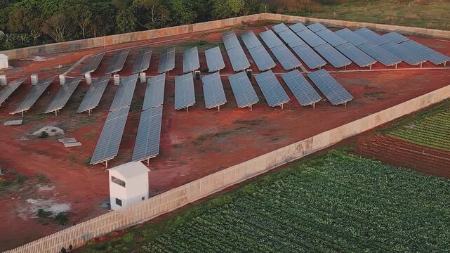 Ground-mounted photovoltaic arrays in Gama, Brasilia, Federal District, Brazil, stand on red soil beside intensive vegetable cultivation, with support structures and utility equipment, aerial drone