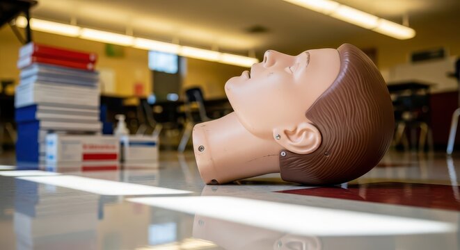 CPR training dummy head lying on shiny floor in classroom with stacked books and medical supplies