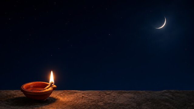 A single lit diya lamp against a dark night sky with a crescent moon for diwali crescent celebration festival hinduism tradition religion background decoration spiritual ceremony prosperity